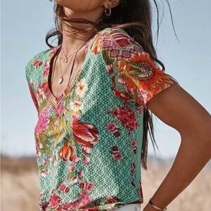 Johnny Was Mona May Art To Wear Floral V Neck Top XL